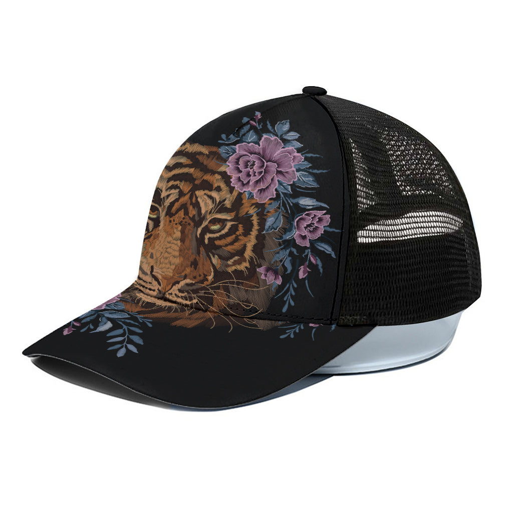 Embroidery Tiger And Flower Print Black Mesh Trucker Cap