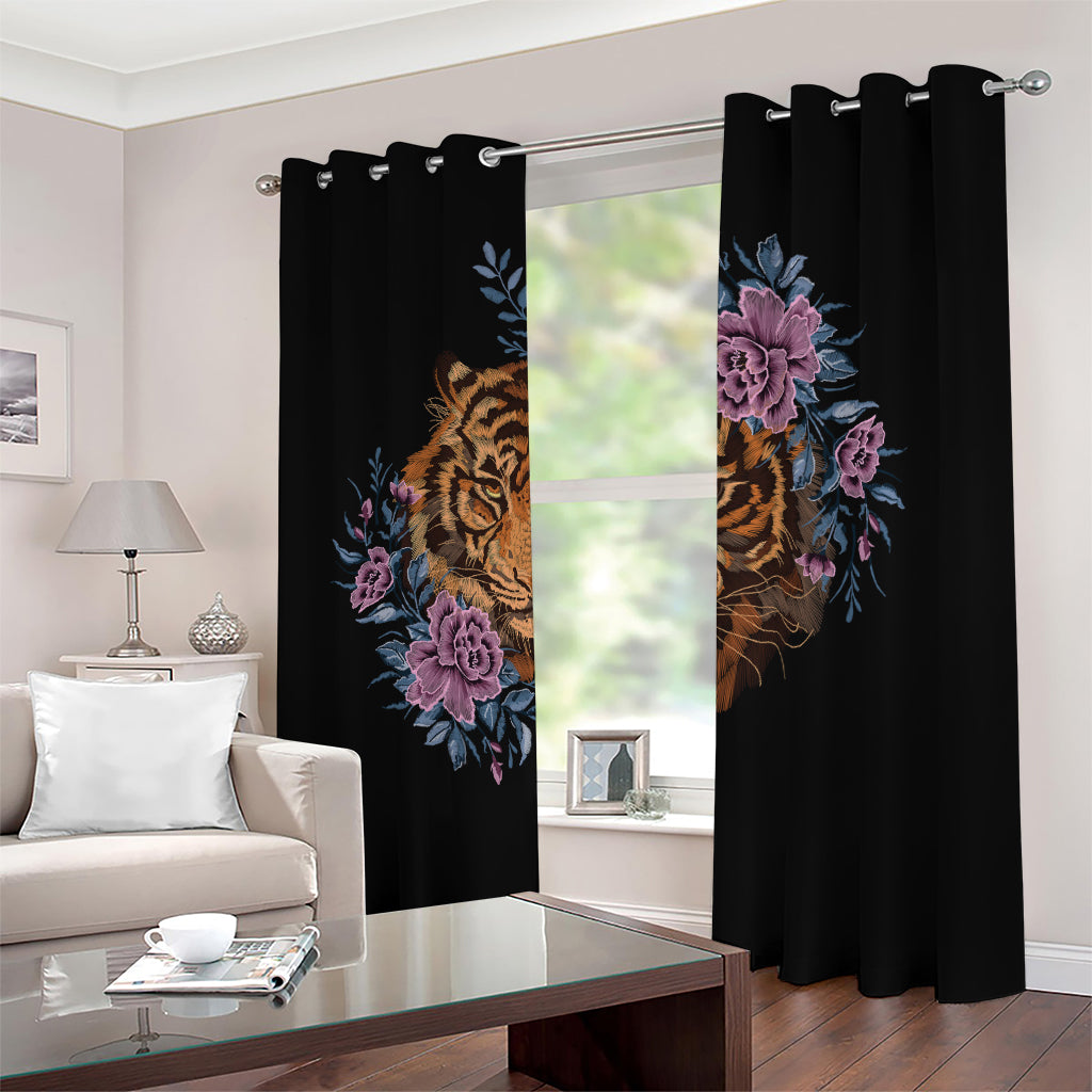 Embroidery Tiger And Flower Print Blackout Grommet Curtains