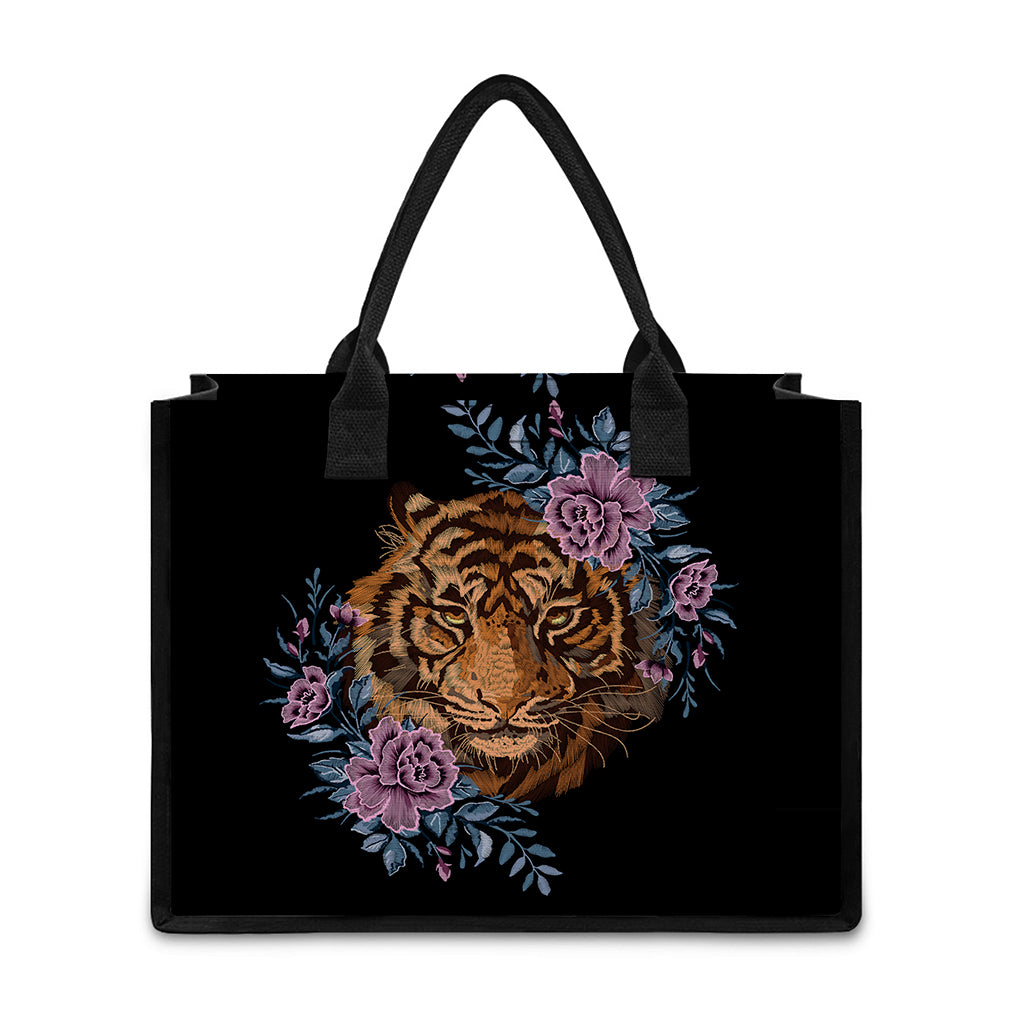 Embroidery Tiger And Flower Print Canvas Tote Bag