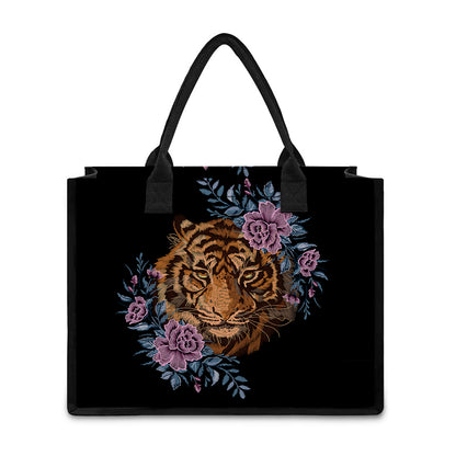 Embroidery Tiger And Flower Print Canvas Tote Bag