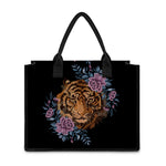 Embroidery Tiger And Flower Print Canvas Tote Bag