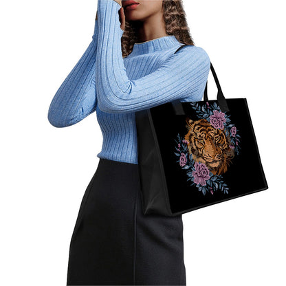 Embroidery Tiger And Flower Print Canvas Tote Bag