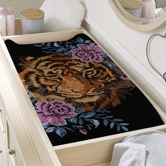 Embroidery Tiger And Flower Print Changing Pad Cover
