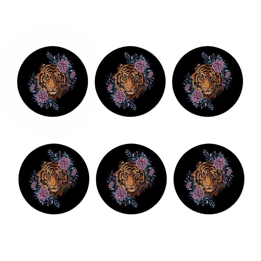 Embroidery Tiger And Flower Print Coaster Set
