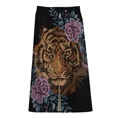 Embroidery Tiger And Flower Print Cotton Front Slit Maxi Skirt