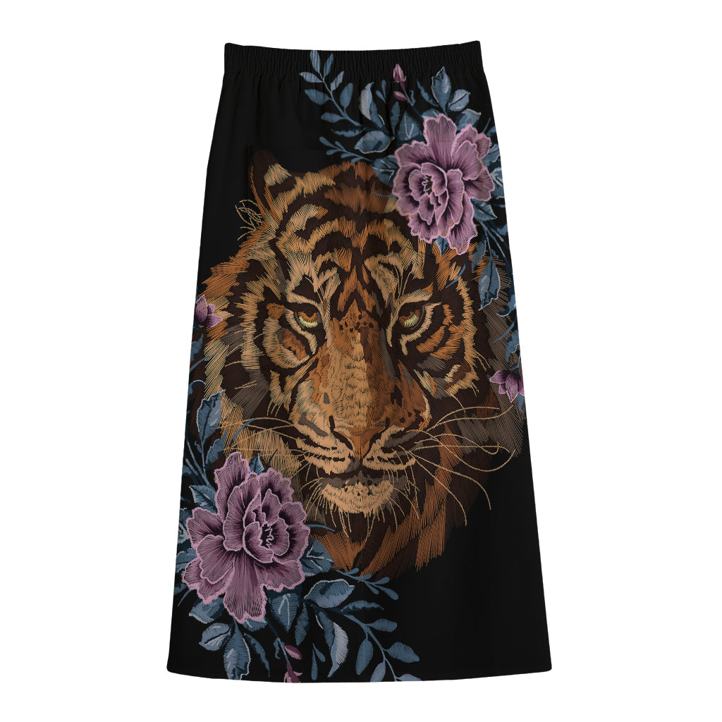 Embroidery Tiger And Flower Print Cotton Front Slit Maxi Skirt
