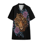 Embroidery Tiger And Flower Print Cotton Hawaiian Shirt