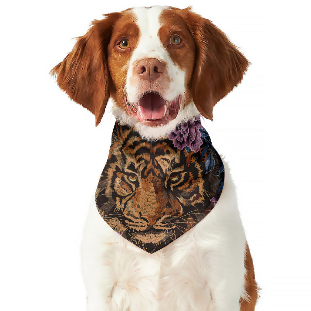 Embroidery Tiger And Flower Print Dog Bandana