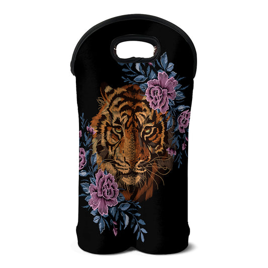 Embroidery Tiger And Flower Print Double Neoprene Wine Tote