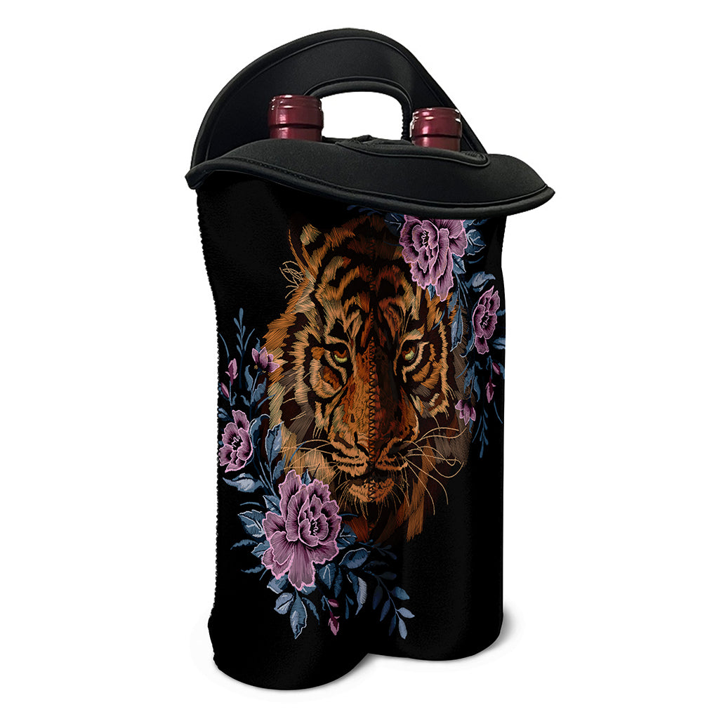 Embroidery Tiger And Flower Print Double Neoprene Wine Tote