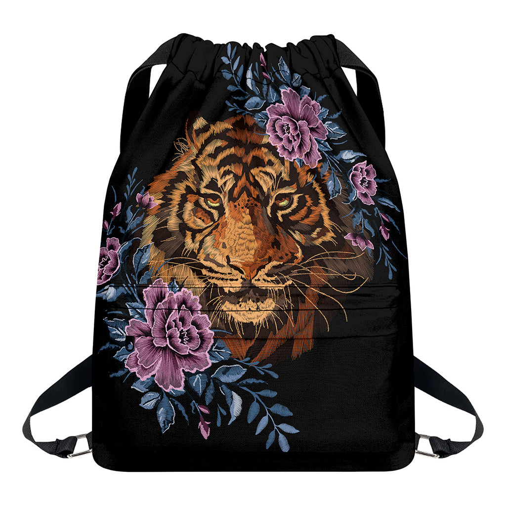 Embroidery Tiger And Flower Print Drawstring Backpack