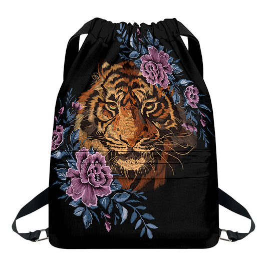 Embroidery Tiger And Flower Print Drawstring Backpack