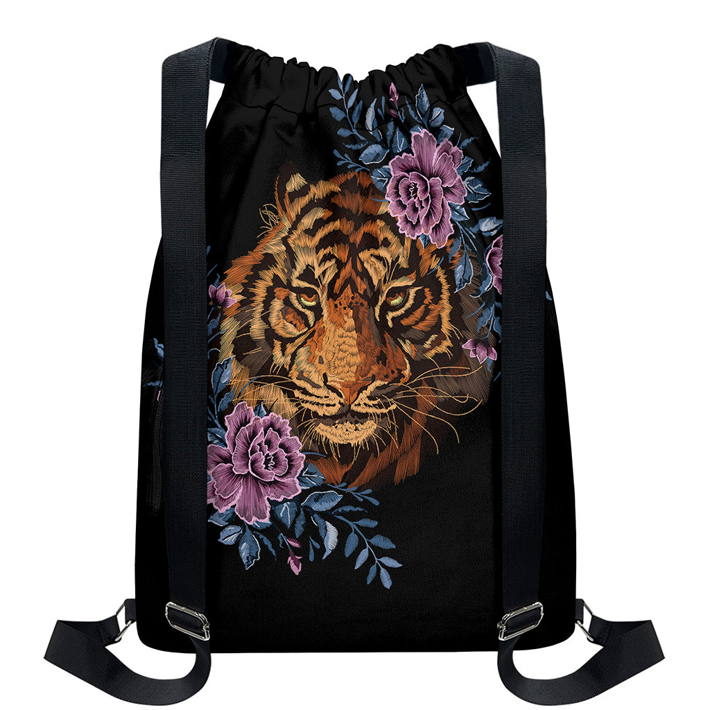 Embroidery Tiger And Flower Print Drawstring Backpack
