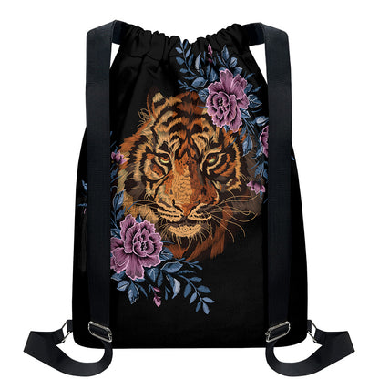 Embroidery Tiger And Flower Print Drawstring Backpack
