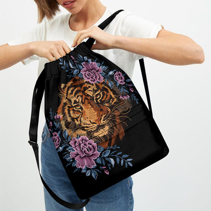Embroidery Tiger And Flower Print Drawstring Backpack