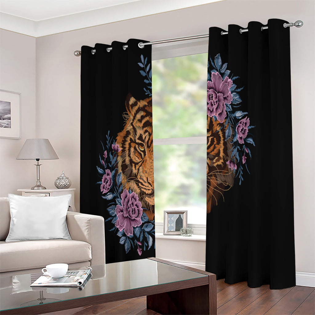Embroidery Tiger And Flower Print Extra Wide Grommet Curtains