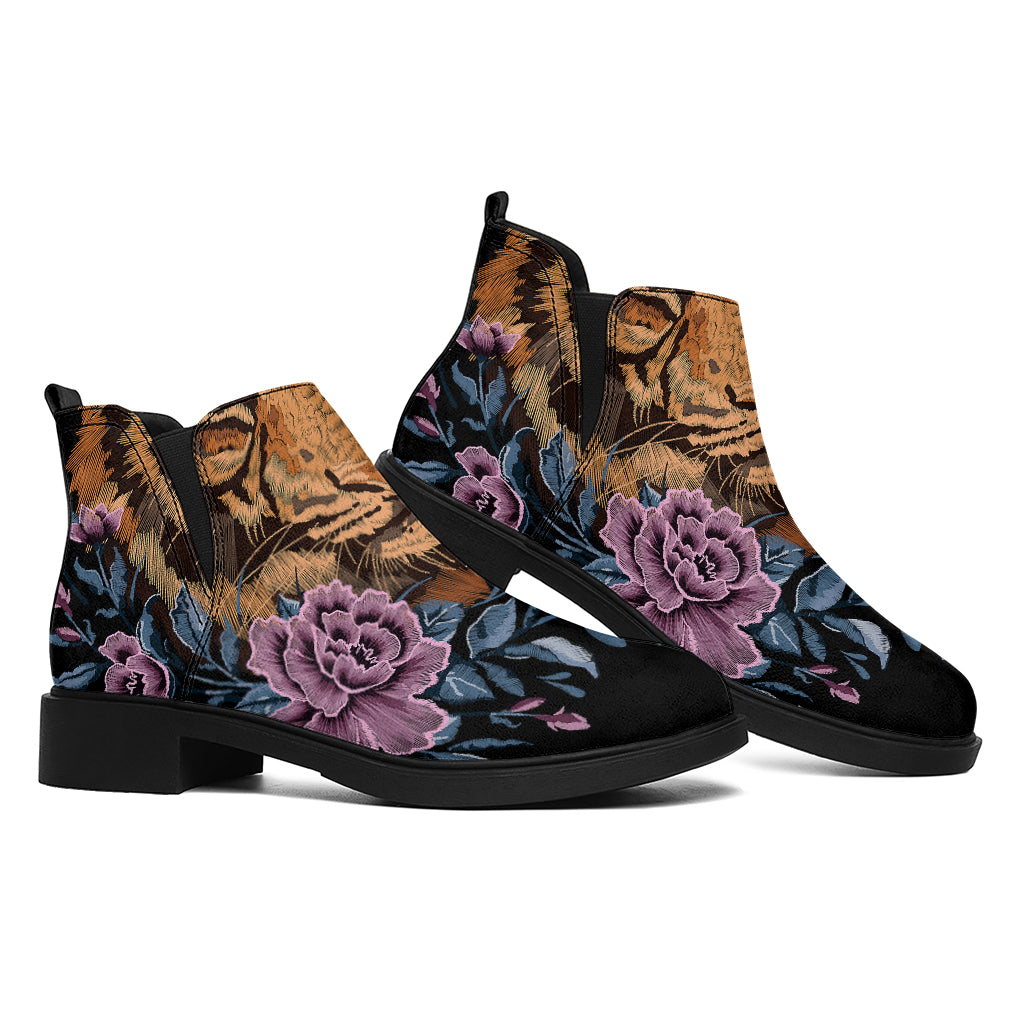 Embroidery Tiger And Flower Print Flat Ankle Boots