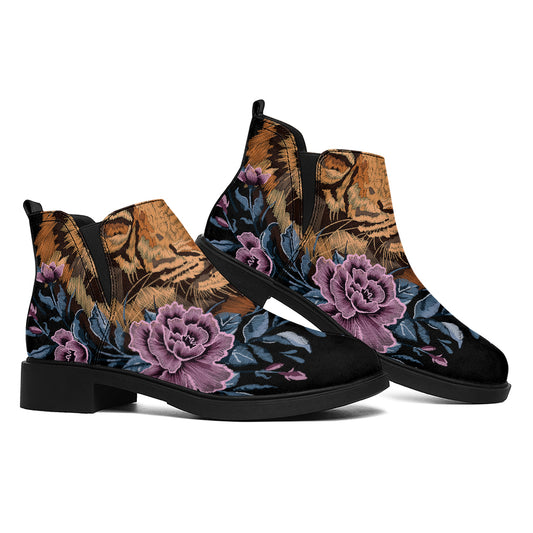 Embroidery Tiger And Flower Print Flat Ankle Boots