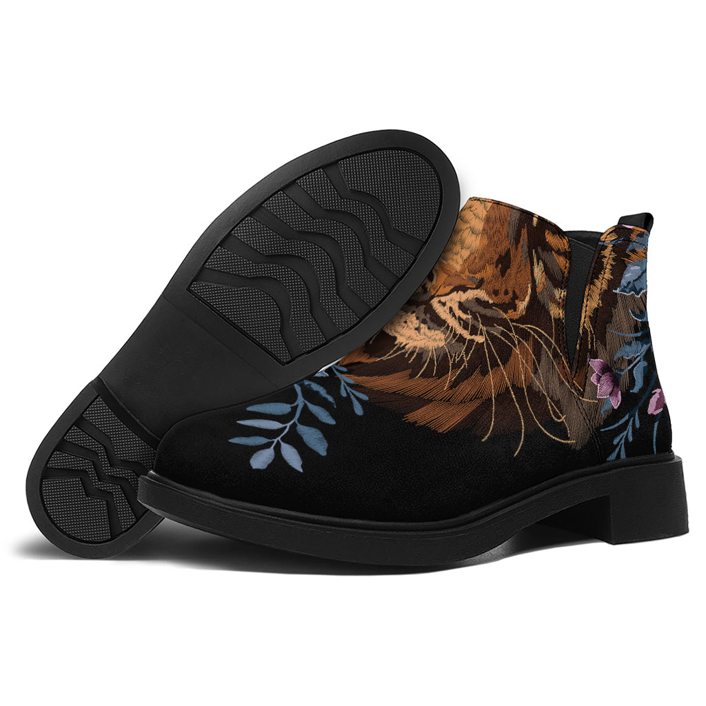 Embroidery Tiger And Flower Print Flat Ankle Boots