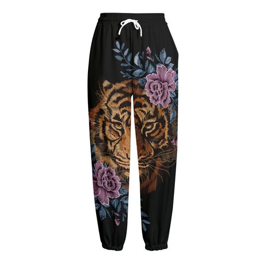 Embroidery Tiger And Flower Print Fleece Lined Knit Pants