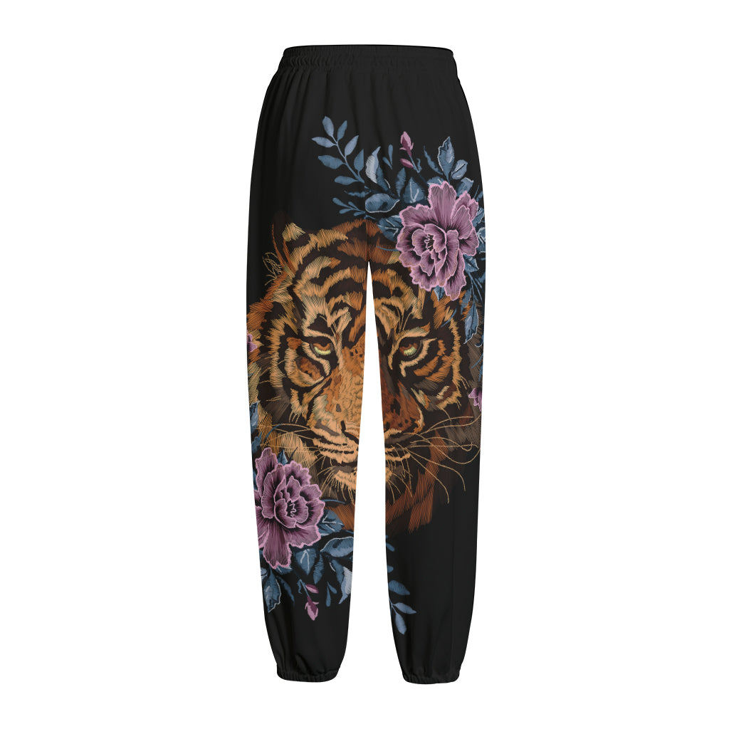 Embroidery Tiger And Flower Print Fleece Lined Knit Pants