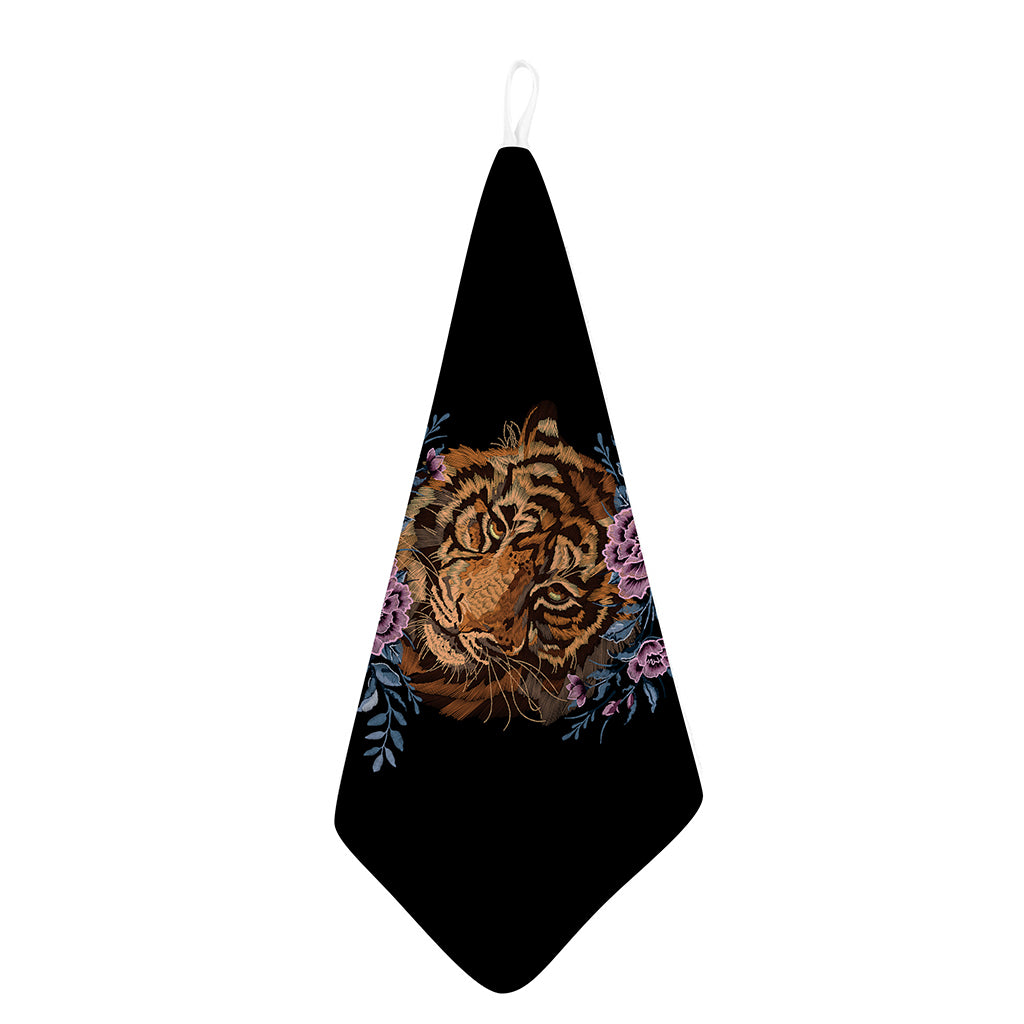 Embroidery Tiger And Flower Print Hand Towel