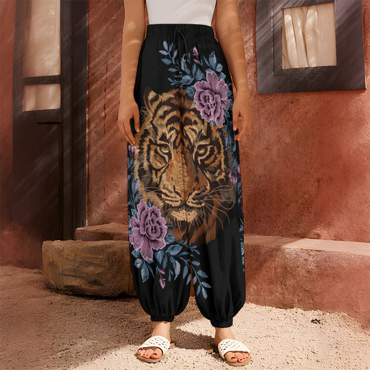 Embroidery Tiger And Flower Print Harem Pants