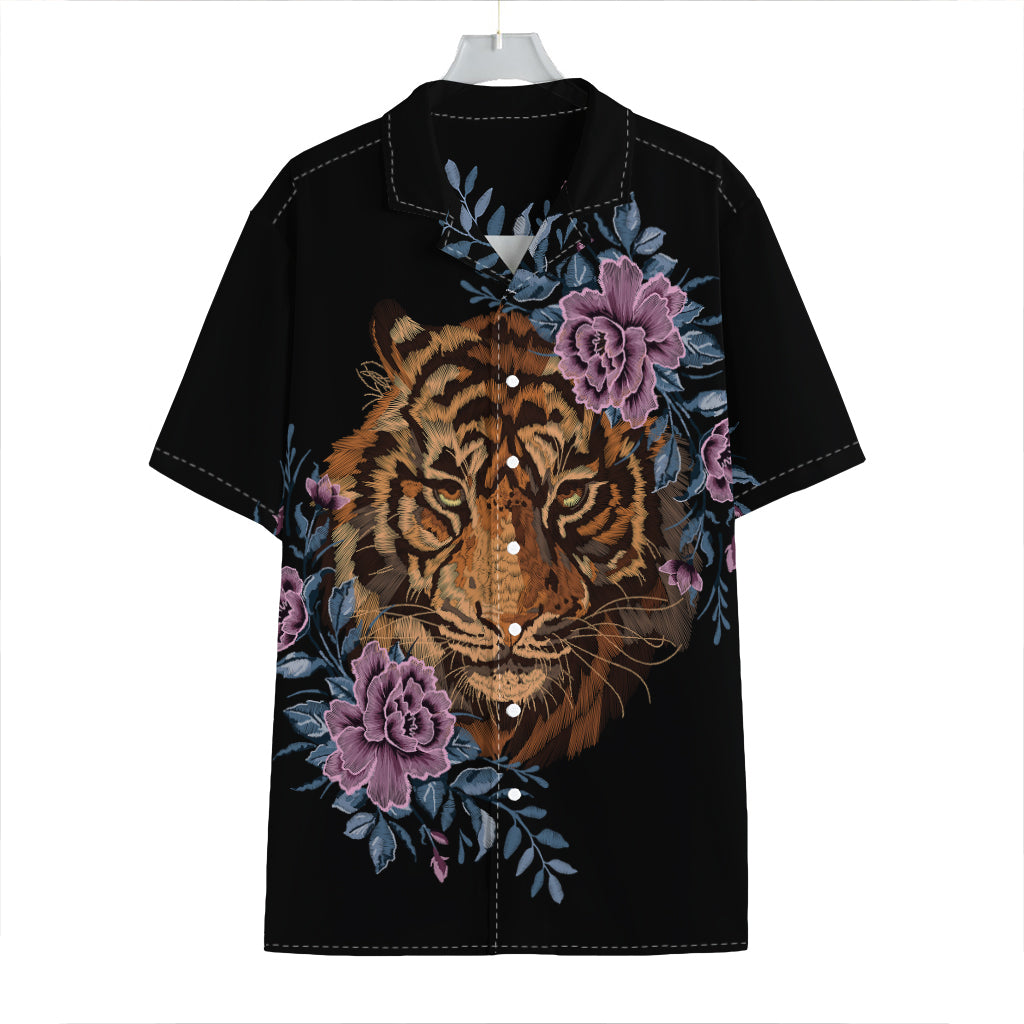 Embroidery Tiger And Flower Print Hawaiian Shirt