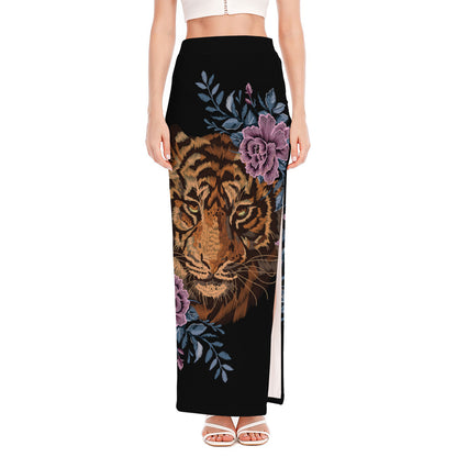 Embroidery Tiger And Flower Print High Slit Maxi Skirt