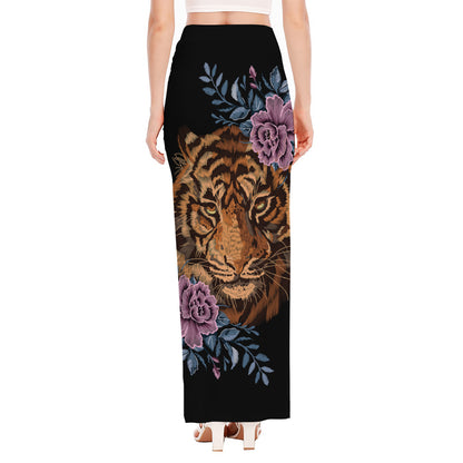 Embroidery Tiger And Flower Print High Slit Maxi Skirt