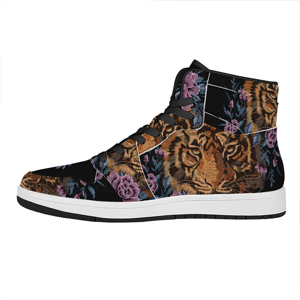 Embroidery Tiger And Flower Print High Top Leather Sneakers