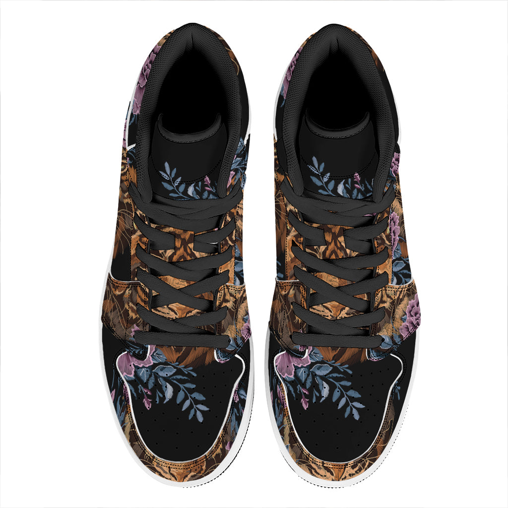 Embroidery Tiger And Flower Print High Top Leather Sneakers