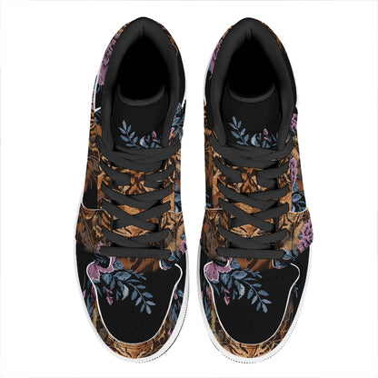 Embroidery Tiger And Flower Print High Top Leather Sneakers
