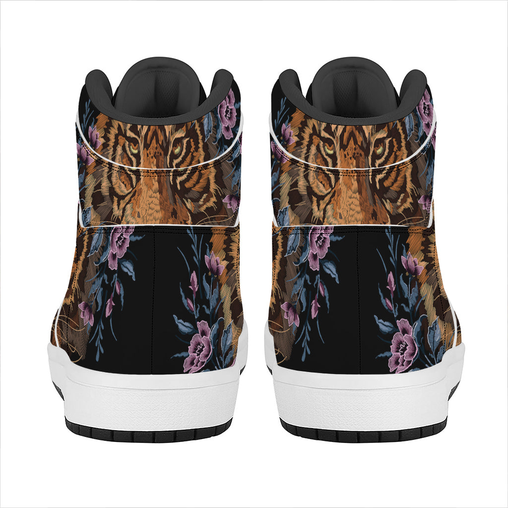 Embroidery Tiger And Flower Print High Top Leather Sneakers