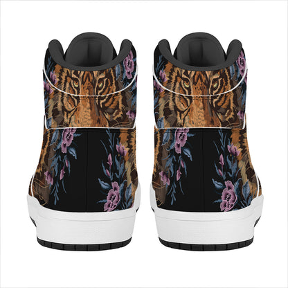 Embroidery Tiger And Flower Print High Top Leather Sneakers