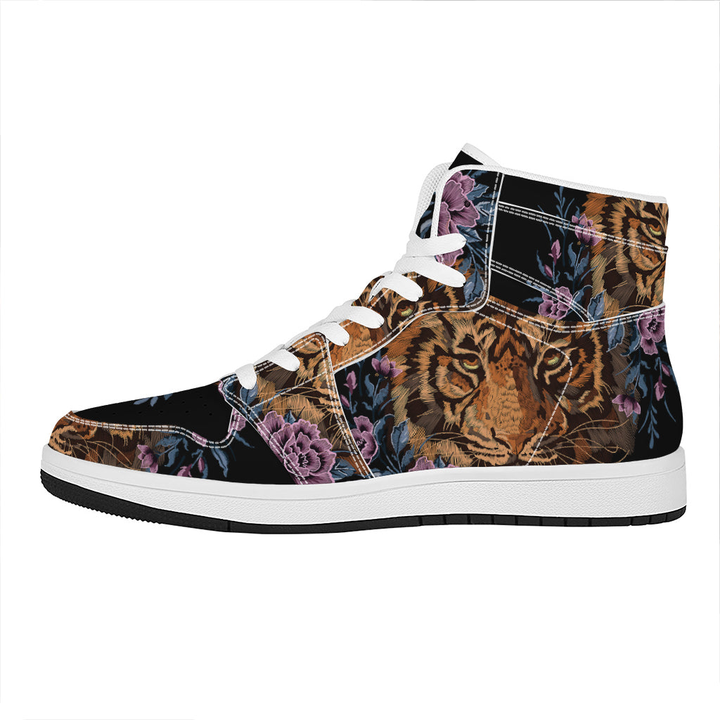 Embroidery Tiger And Flower Print High Top Leather Sneakers