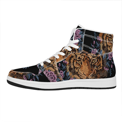 Embroidery Tiger And Flower Print High Top Leather Sneakers