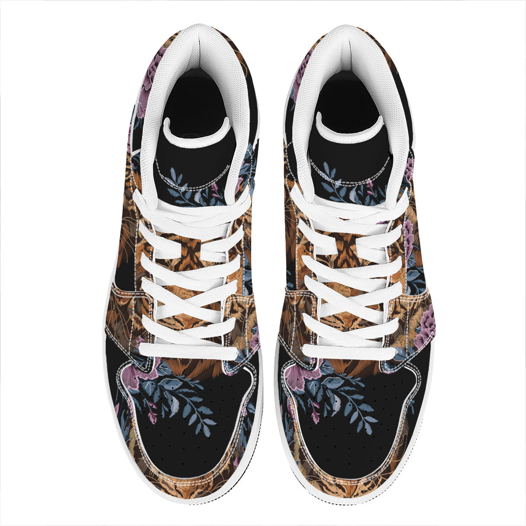Embroidery Tiger And Flower Print High Top Leather Sneakers
