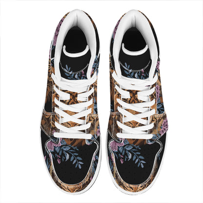 Embroidery Tiger And Flower Print High Top Leather Sneakers