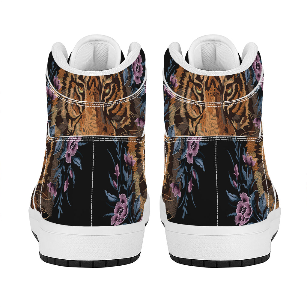Embroidery Tiger And Flower Print High Top Leather Sneakers