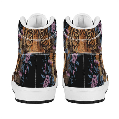 Embroidery Tiger And Flower Print High Top Leather Sneakers