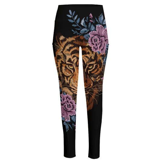 Embroidery Tiger And Flower Print High-Waisted Pocket Leggings