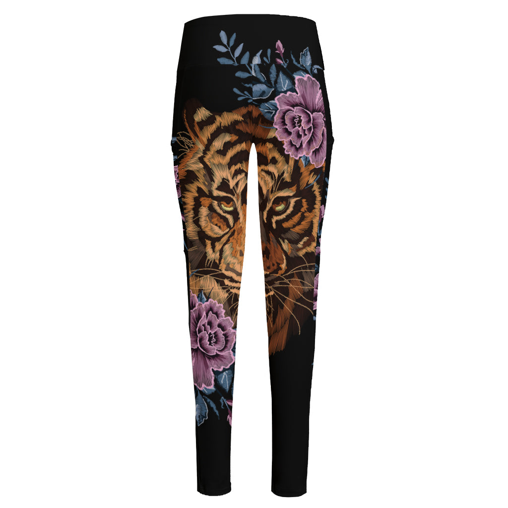 Embroidery Tiger And Flower Print High-Waisted Pocket Leggings