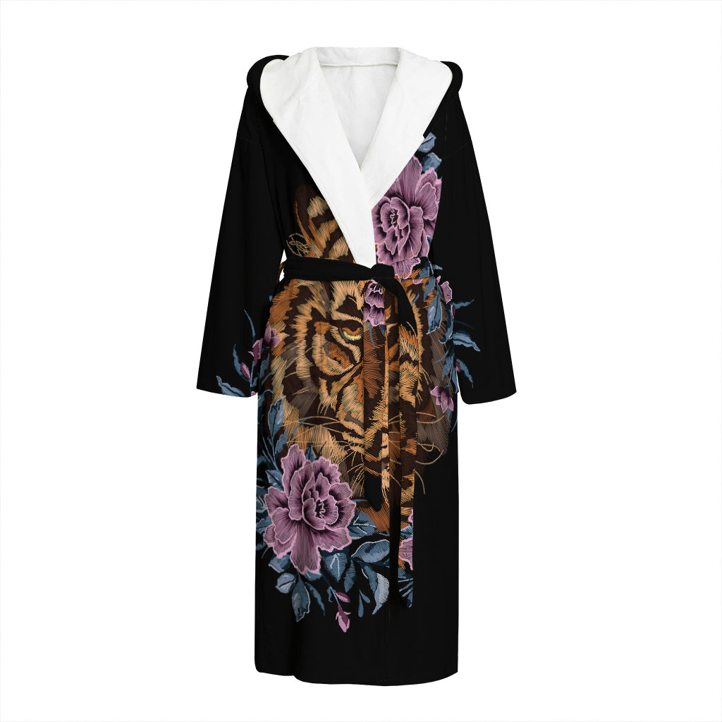 Embroidery Tiger And Flower Print Hooded Bathrobe