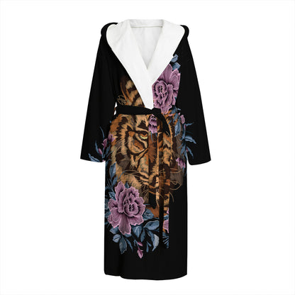 Embroidery Tiger And Flower Print Hooded Bathrobe