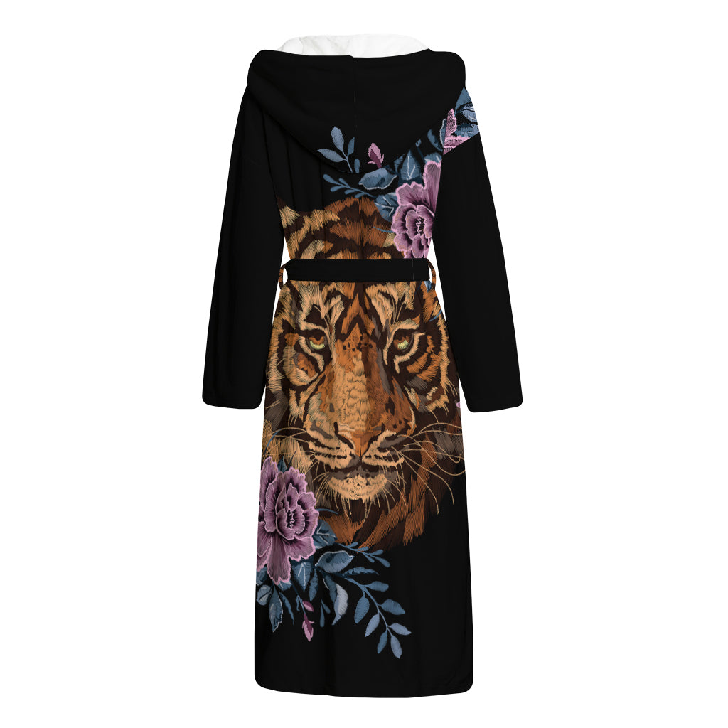 Embroidery Tiger And Flower Print Hooded Bathrobe
