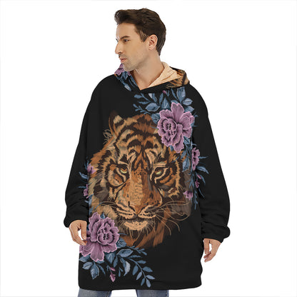 Embroidery Tiger And Flower Print Hoodie Blanket