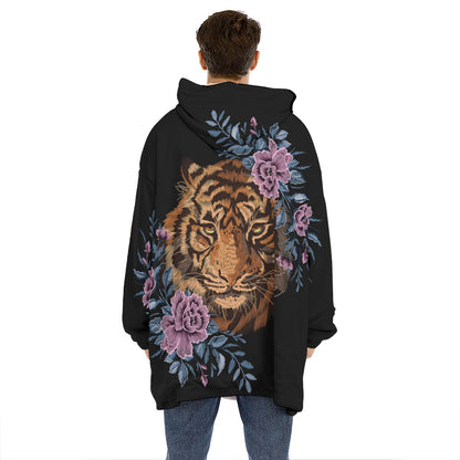 Embroidery Tiger And Flower Print Hoodie Blanket
