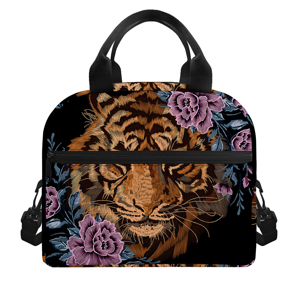 Embroidery Tiger And Flower Print Insulated Lunch Bag