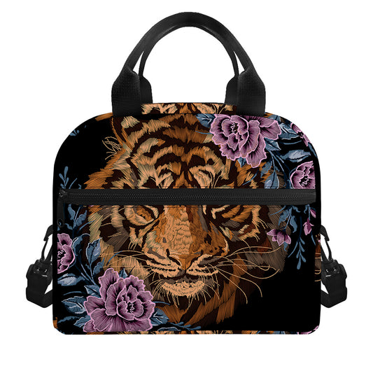 Embroidery Tiger And Flower Print Insulated Lunch Bag